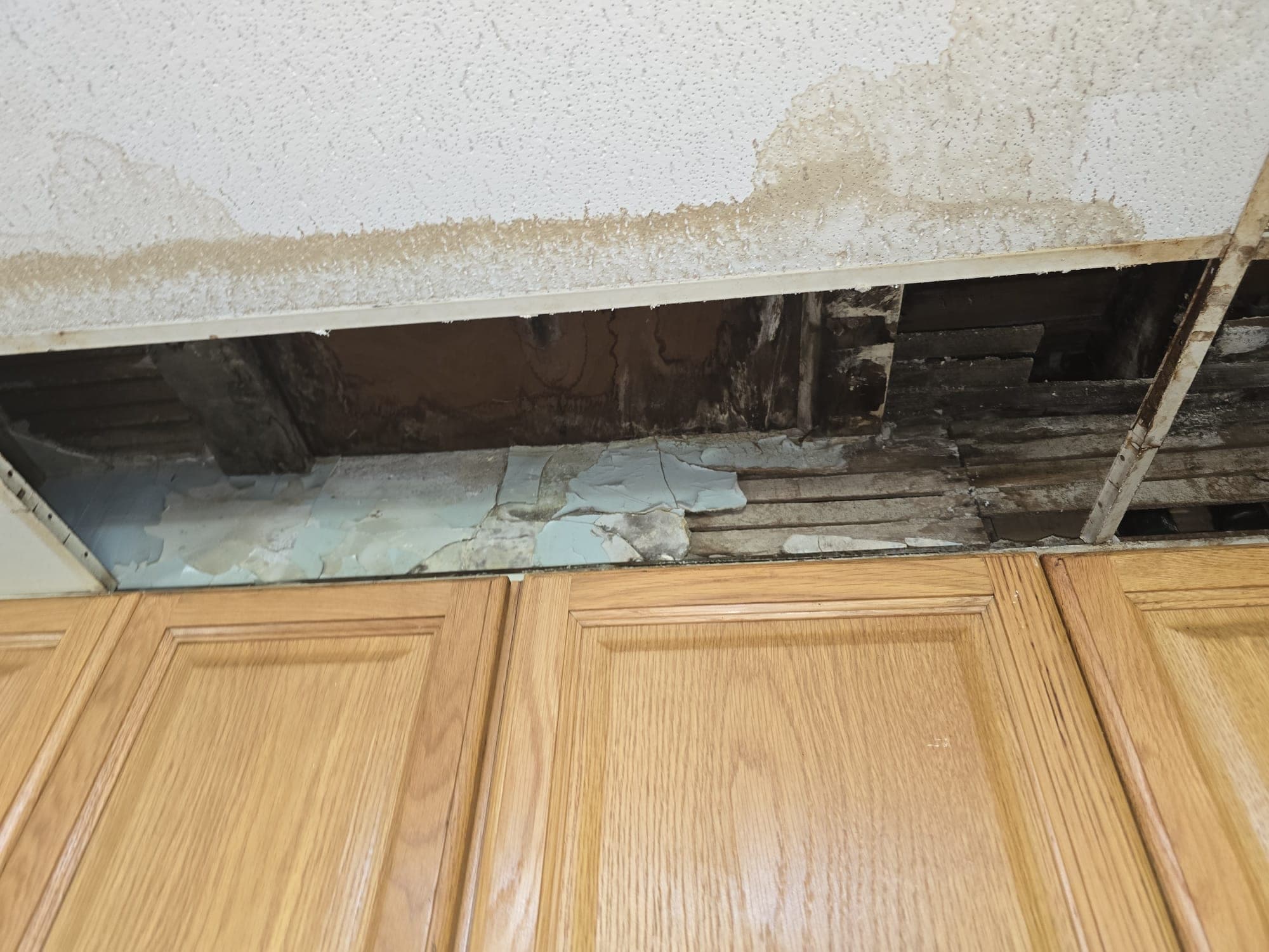 Water-stained kitchen ceiling tile and opened soffit above cabinets revealing rotted wood and peeling paint